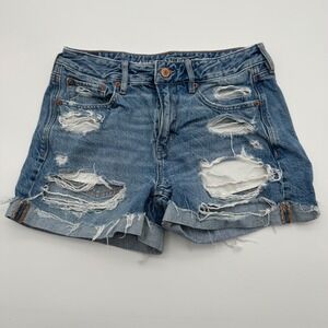 American Eagle Tomgirl Shorts Womens 4 Blue Denim Distressed Raw Hem High Rise